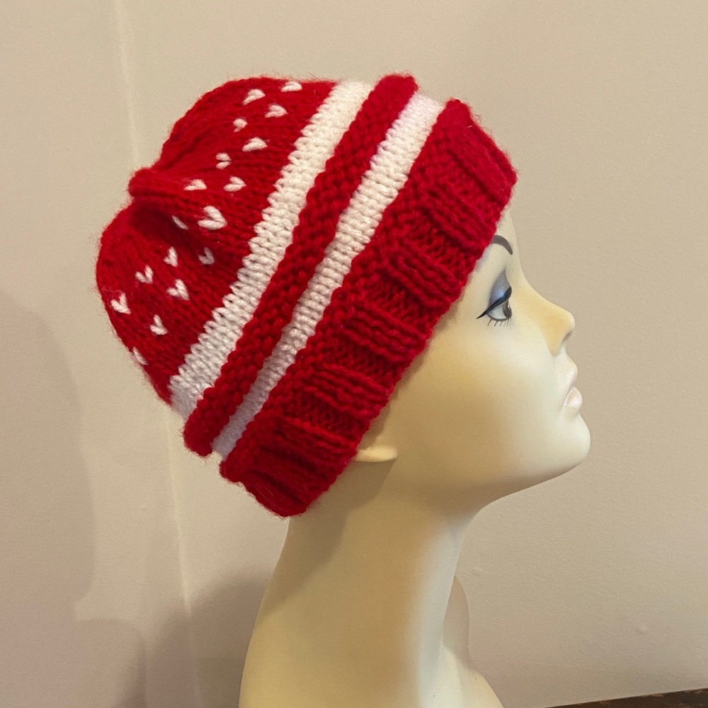 Handmade Red and White Knit Winter Hat